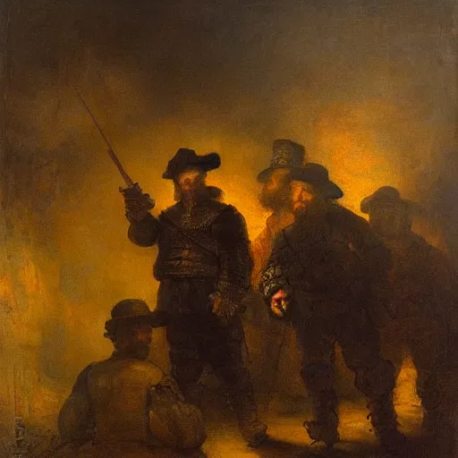 Prompt: Rembrandt painting of tired and battered soldiers looking up and observing the first rays of sunlight during dawnbreak, dramatic painting, dark, scary, hopeful