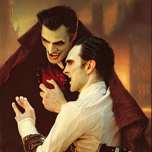 Image similar to attractive male, arthur pendragon confesses his love to attractive male dracula the vampire. highly detailed painting by gaston bussiere, craig mullins, j. c. leyendecker 8 k