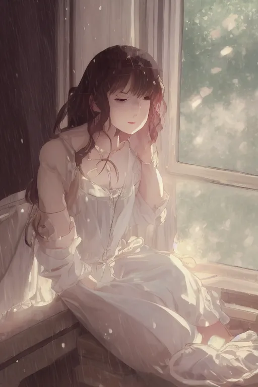 Image similar to a girl in a maid's outfit in the bedroom typing front the notebook a night, raining outside the window, wavy white long hair, by krenz cushart and mucha and akihito yoshida and makoto shinkai and greg rutkowski, 4 k resolution