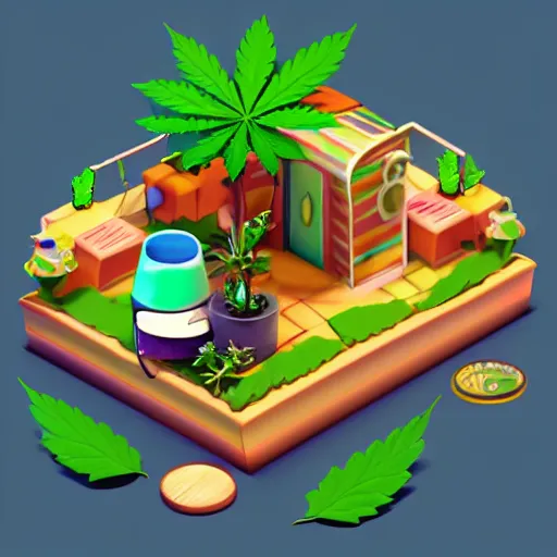 Prompt: isometric cute cartoon of utopia weed cafe decorated a few cannabis leaf pots. by benoit mandelbrot, render pixar palette, low poly digital art artstation artgerm