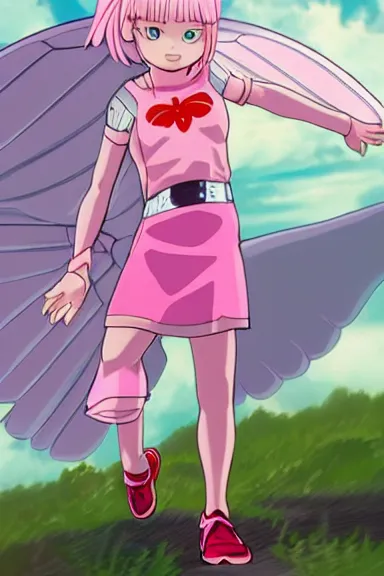 Prompt: blonde little girl with butterfly wings in an pink and white hero outfit, digital artwork made by kohei horikoshi, shaped focus, heroic composition, hero pose, inspired by peni parker from spiderverso, smooth, anatomically correct
