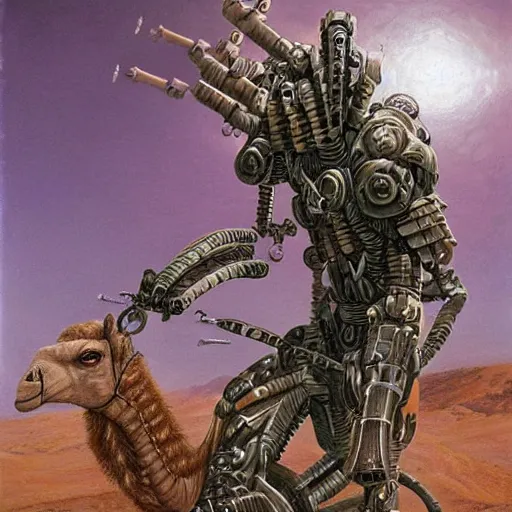 Image similar to cybernetic cyborg warrior, wretched camel, by Gerald Brom Ted Nasmith