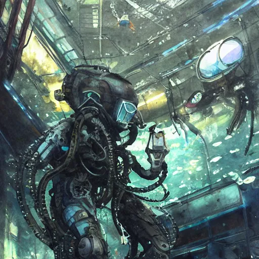 Image similar to diver in an alien aquarium, kelp, coral, solar rays, cyberpunk, realistic, detailed, Industrial Scifi, paint, watercolor, in the style of Ashley Wood and Wadim Kashin