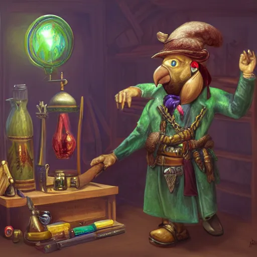 Image similar to Anthropomorphized parrot trader in his shop, portrait, items, weapons, magic potions, trinkets, carpet, lamps, window, fancy hat, sly expression, cunning expression, cute expression, long thick shiny black beak, D&D, fantasy, cinematic lighting, highly detailed, digital painting, artstation, concept art, smooth, sharp focus, illustration, warm light, cozy warm tint, magic the gathering artwork, volumetric lighting, 8k, art by Akihiko Yoshida, Greg Rutkowski