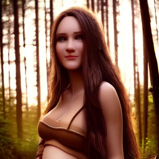 Image similar to real life photo of a beautiful girl, full body photoshoot, long brown hair, brown eyes, full round face, short smile, belly free, forest setting, cinematic lightning, medium shot, mid - shot, highly detailed, trending on artstation, unreal engine 4 k, 8 0 mm, 8 5 mm, cinematic wallpaper