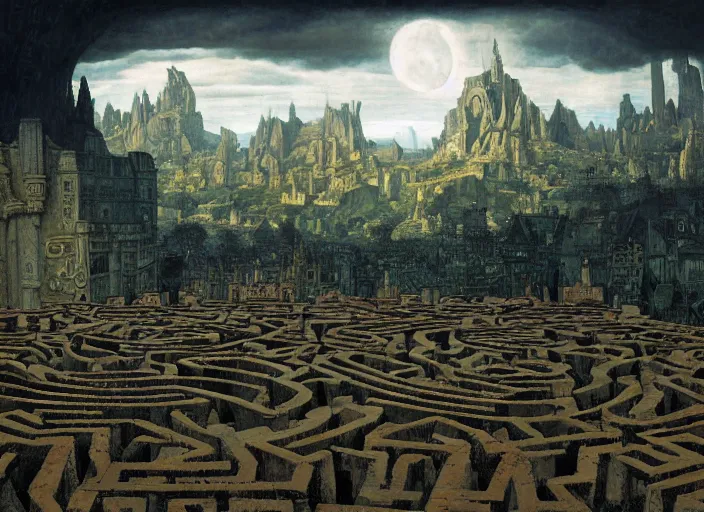 Image similar to jim henson's labyrinth an impossible maze filled with twisted turns a goblin city and a castle looming in the background by edgar maxence and caravaggio and michael whelan and delacroix style, artistic, intricate painting, cinematic lighting, hyper realistic, extremely detailed, establishing shot, 8 k resolution, dramatic lighting