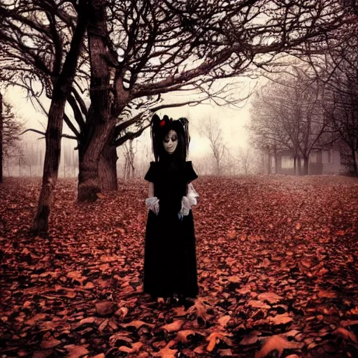 Image similar to beautiful android gothic lolita standing in a city taken over by nature , theme of sadness, melancholy, and dark beauty, high exposure