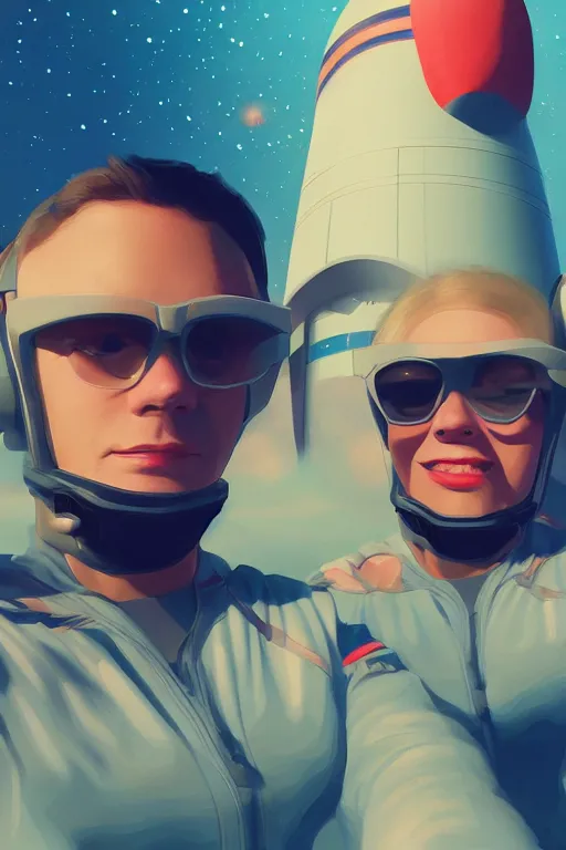 Prompt: two people take a selfie at a rocket launch, retro, soft colours, on a far planet, futuristic space port, artstation, concept art, smooth, sharp focus, illustration,