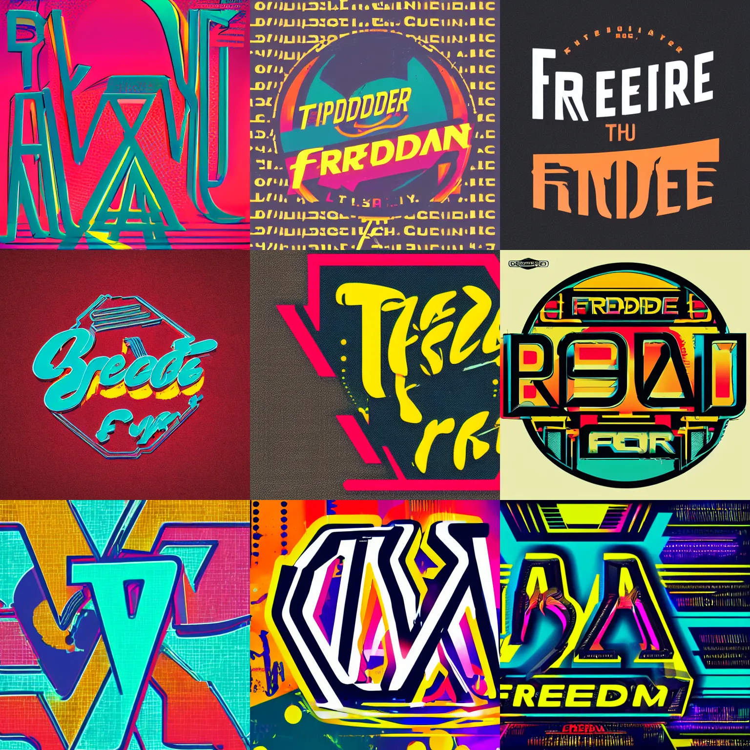 Prompt: typographic logo for FREDDIE!, retro style, cyberpunk lettering, bright colors, modern graphic design