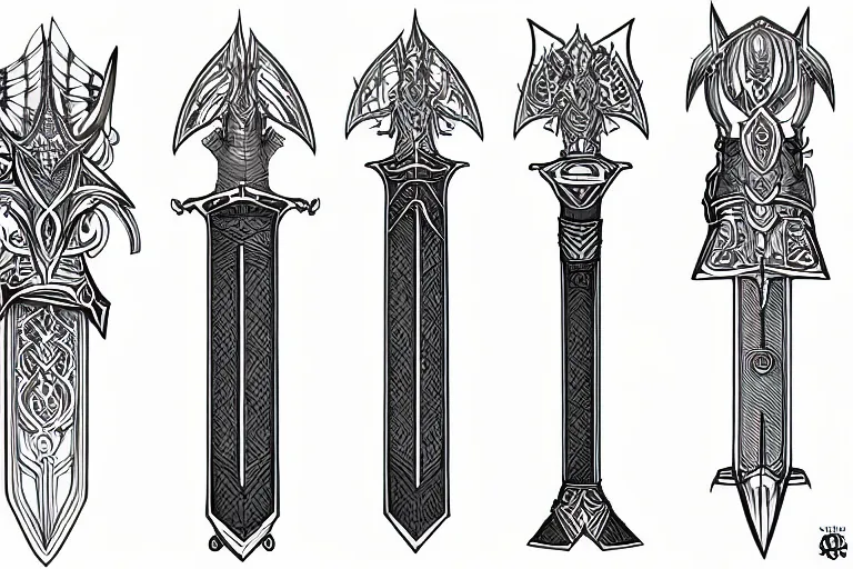 Prompt: design sheet of various magic swords, intricate linework, swords, blades, weapon designs, clean lines