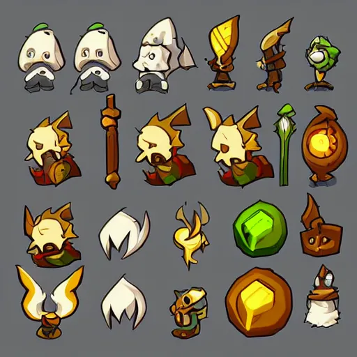 Prompt: a dofus game assets spritesheet, magic spells and weapons, vector art, very detailed
