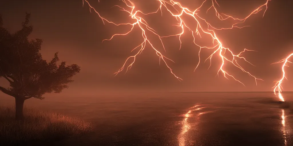 Image similar to amazing lightning art, fog, octane render, ray tracing, realistic fire sharp focus, long shot, 8 k resolution, cinematic