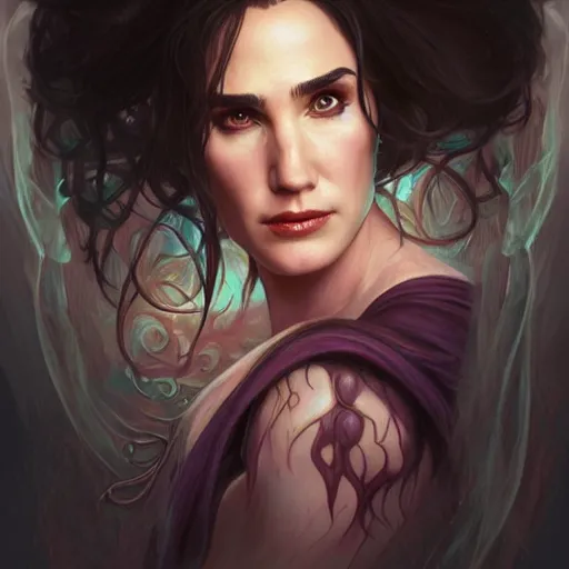 Image similar to Portrait of Jennifer Connelly as a vampire, D&D, muscular, colorful pastel fantasy, intricate, elegant, highly detailed, digital painting, artstation, concept art, smooth, sharp focus, illustration, art by artgerm and greg rutkowski and alphonse mucha