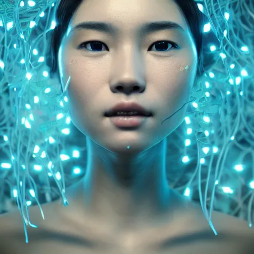 Image similar to intricate highly detailed face portrait of asian - european woman, light blue water vines on her face, intricate, cgsociety, beeple, unreal engine, octane render, sharp focus, smooth, volumetric lighting, cinematic composition, artstation