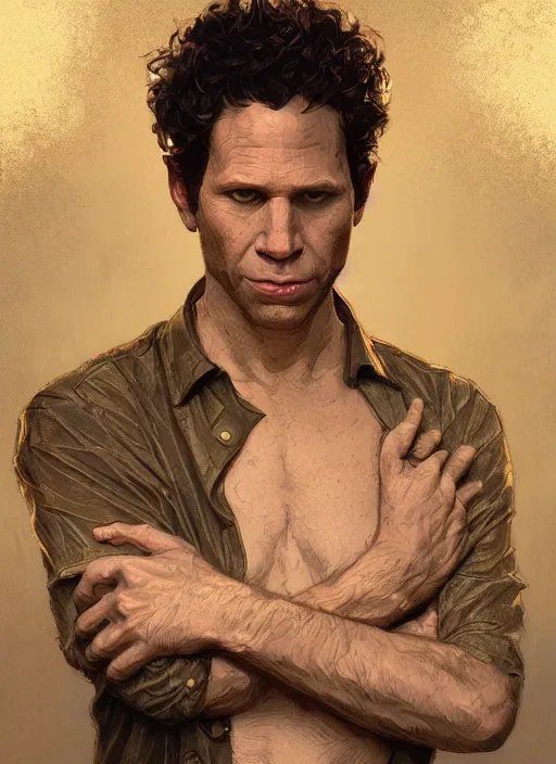 Prompt: Glenn Howerton as the Golden God, intricate, highly detailed, digital painting, artstation, concept art, sharp focus, illustration, art by greg rutkowski and alphonse mucha