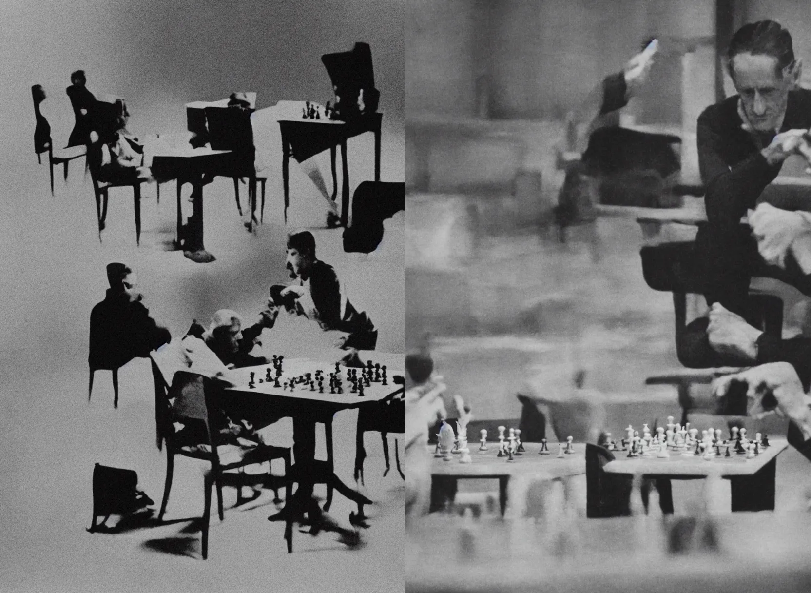 Prompt: filmstill of Marcel Duchamp playing chess alone in a vast empty room, vintage film stock, by Irving Penn, viewed through prsimatic glitches