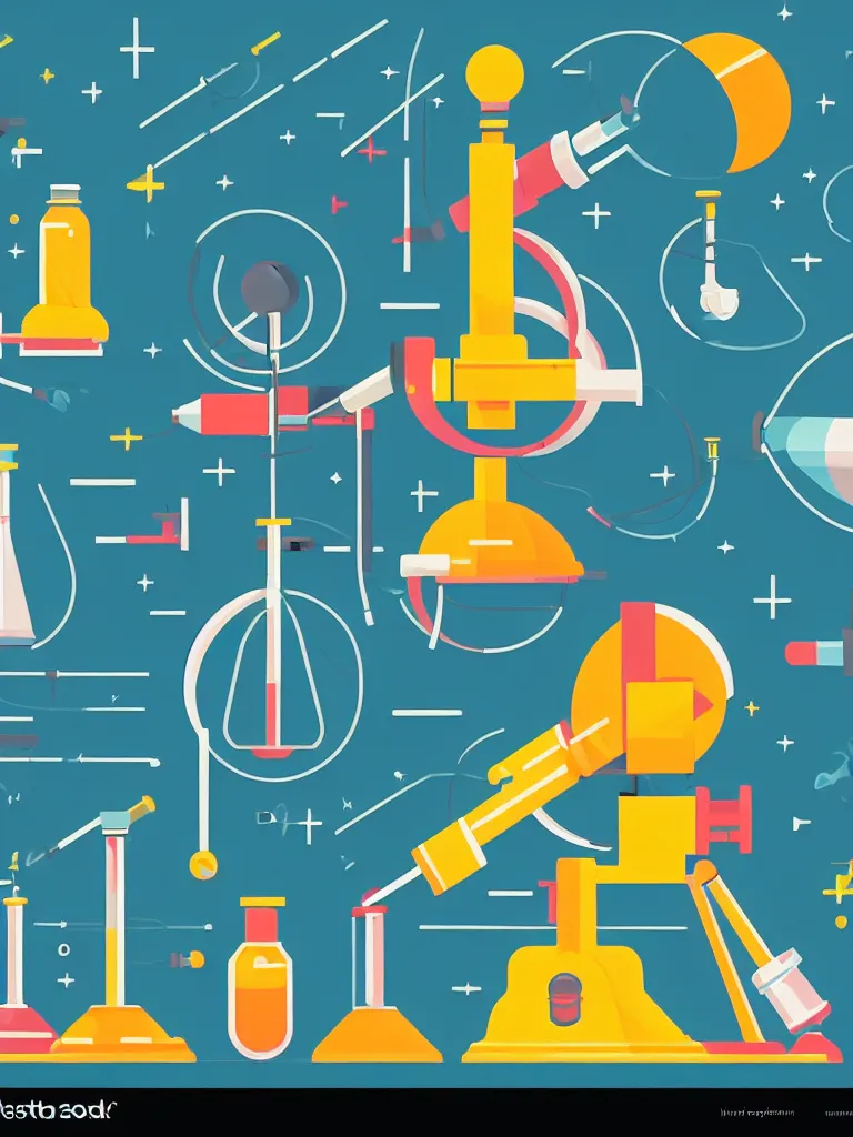 Image similar to editorial illustration scientific lab test tube telescope microscope spaceship, colorful modern, mads berg