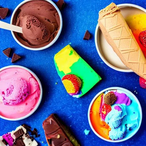 Image similar to colorful icecream, chocolate, icing, sweet, topping, very detailed, food photography, 4 k