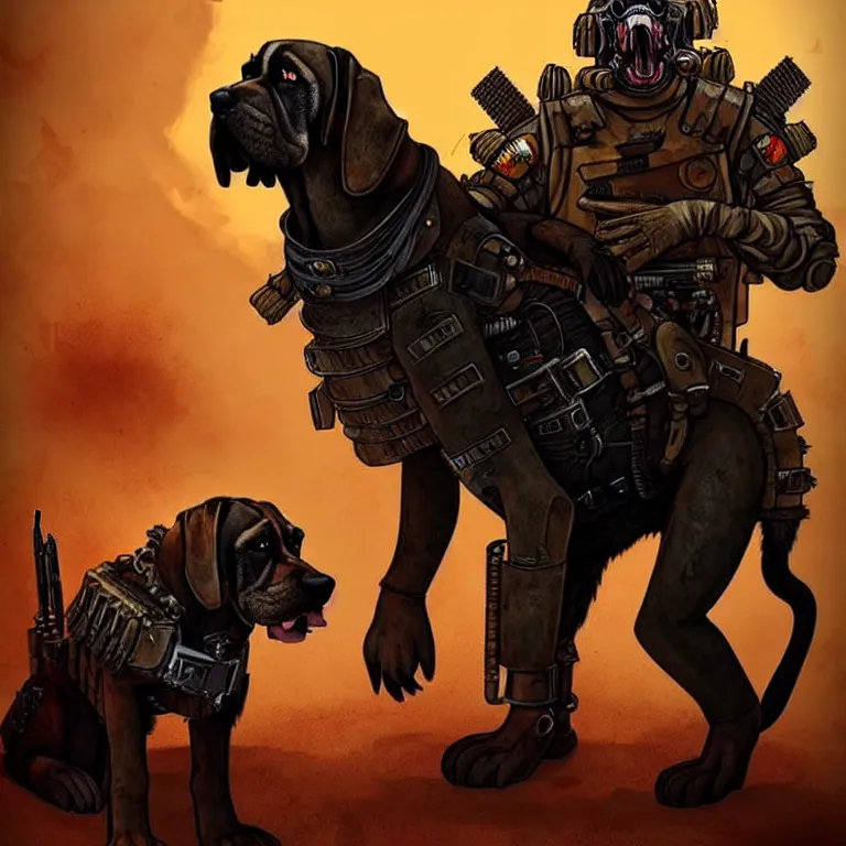 Image similar to a good ol'bloodhound pup fursona ( from the furry fandom ), heavily armed and armored facing down armageddon in a dark and gritty version from the makers of mad max : fury road. witness me.