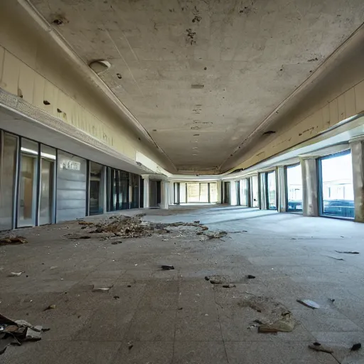 Prompt: distant single toilet in the middle of a huge abandoned mall, wide angle photography