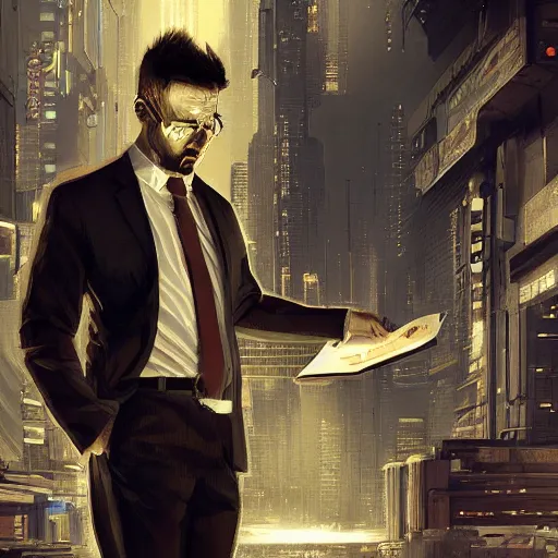 Image similar to portrait of a businessman handing the viewer an envelope, detailed digital illustration by greg rutkowski, cyberpunk back alley, nighttime