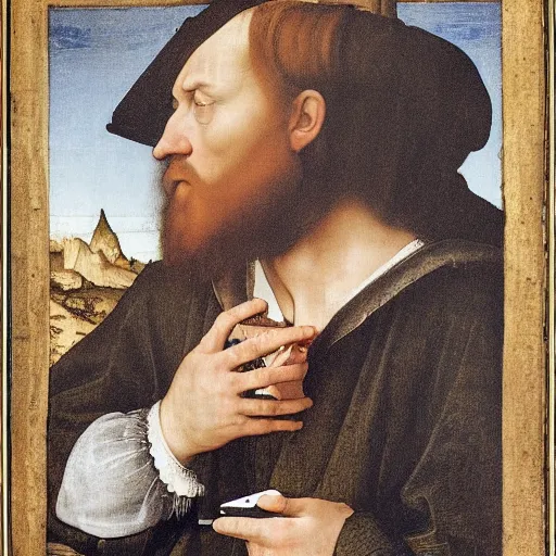 Image similar to man on a cell phone, by Hans Holbein the Younger