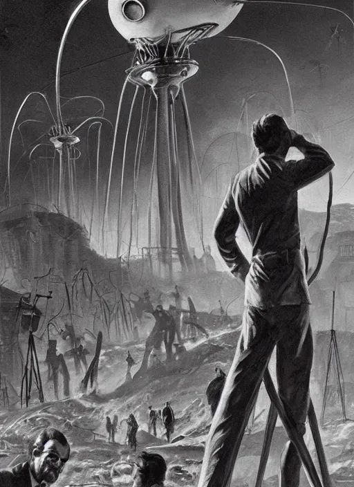 Prompt: war of the worlds, an ultrafine detailed painting by john philip falter, austin briggs, cg society, american scene painting, dystopian art, american realism, academic art, movie poster, poster art