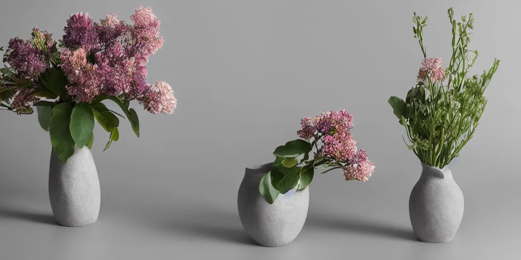 Prompt: a sculptured vase, metal glossy flowers, modern studio light soft colour, backlight leaves