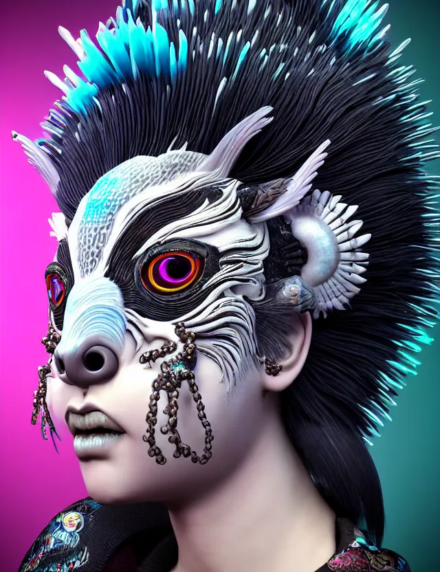 Image similar to 3 d photo realistic goddess close - up profile portrait punk with mohawk with ram skull. beautiful intricately detailed japanese crow kitsune mask and clasical japanese kimono. betta fish, jellyfish phoenix, bio luminescent, plasma, ice, water, wind, creature, artwork by tooth wu and wlop and beeple and greg rutkowski