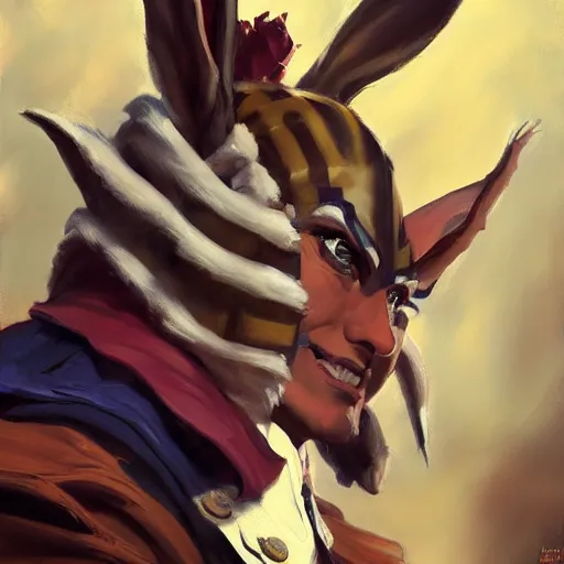 Image similar to greg manchess portrait painting of partially armored of the march hare from alice in wonderland as overwatch character, medium shot, asymmetrical, profile picture, organic painting, sunny day, matte painting, bold shapes, hard edges, street art, trending on artstation, by huang guangjian, gil elvgren, ruan jia, randy vargas, greg rutkowski