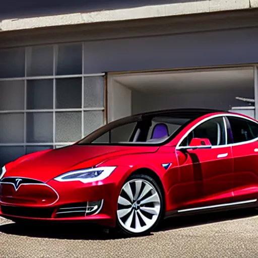 Image similar to A red Tesla Model S rolling coal