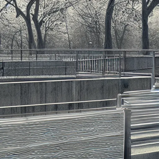 Image similar to parkour park le corbusier railings snigelparken, ( ( railings ) ), photo, 4 k, detailed drawing