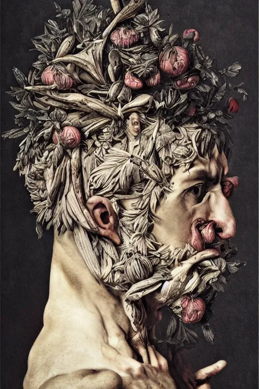 Image similar to Detailed maximalist portrait a Greek god with large white eyes and an angry face, fleshy body, botany, HD mixed media 3d collage, highly detailed and intricate, surreal illustration in the style of Caravaggio, dark art, baroque