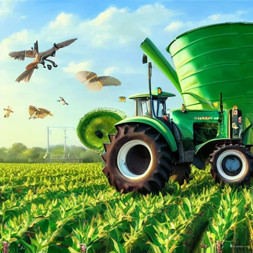 Prompt: green agricultural transformers with doraemon face and wings in the corn field, the upper body of fledged bodybuilder, taller than human, droid, robots, humanoid, farming, highly detailed, digital painting, feathers, agricultural tractor, artstation, concept art, smooth, sharp focus, illustration, art by artgerm and greg rutkowski, unreal engine