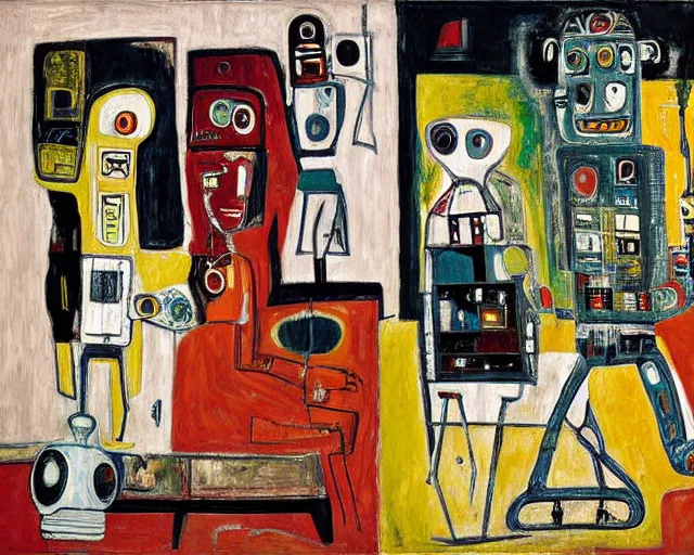 Prompt: a painting of a robot family in a living room by graham sutherland, egon schiele, basquiat, neo - expressionism