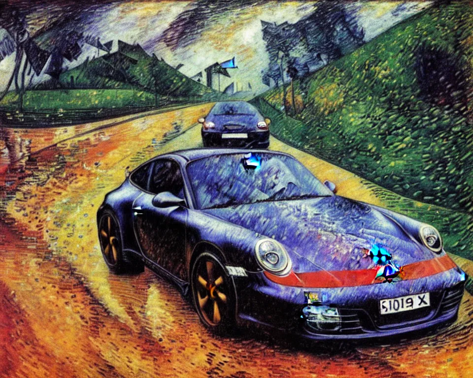 Image similar to a porsche 9 1 1 driving during a monsoon by umberto boccioni. detailed, proportional, romantic, enchanting, achingly beautiful, graphic print, trending on artstation, jungle, tropical, foliage