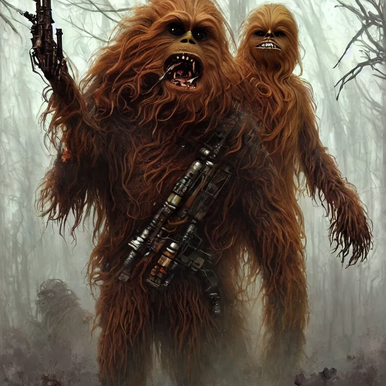 Image similar to scary horrific zombie chewbacca and wookies on the planet kashyyyk, dark star wars fantasy, body horror, sores and scars, undead. highly detailed, biopunk, digital painting, by greg rutkowski, artgerm and alphonse mucha