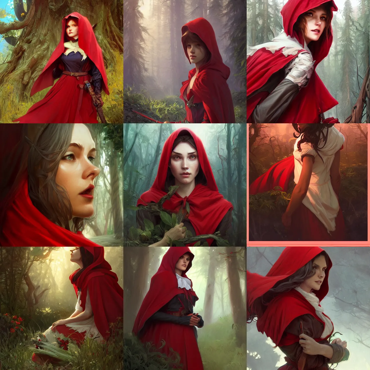 Prompt: Red Riding Hood looking at camera, highly detailed, digital painting, artstation, concept art, smooth, sharp focus, illustration, Unreal Engine 5, 8K, art by artgerm and greg rutkowski and alphonse mucha