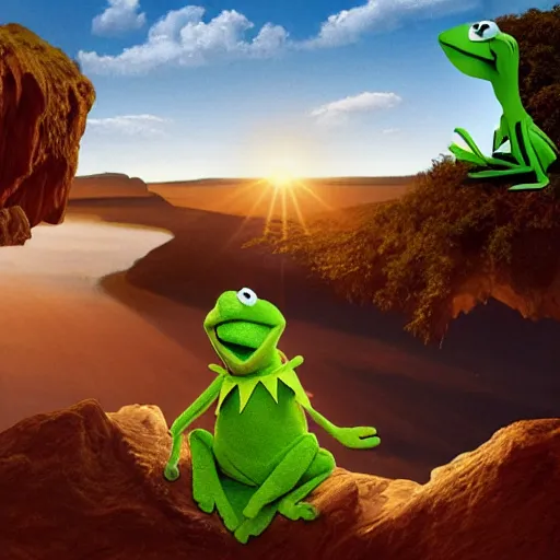Image similar to the creation of adam but with kermit the frog and jim henson instead, muppets, in an absurdist style, heavenly, cosmic, god rays, intricate detail, 8 k,