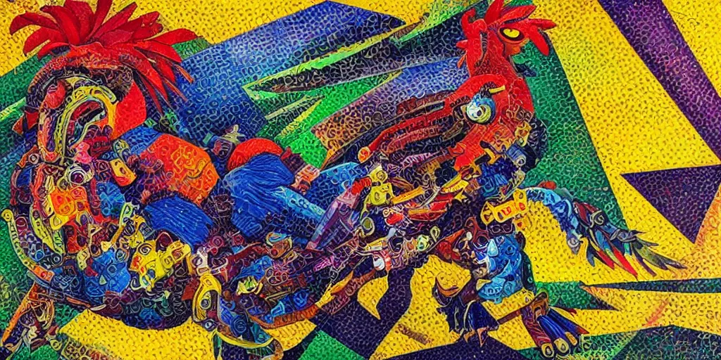 Prompt: colorful illustration of a fighting rooster made of car parts, cubism, pointillism, surreal, intricate, highly detailed, dark color scheme, golden ratio