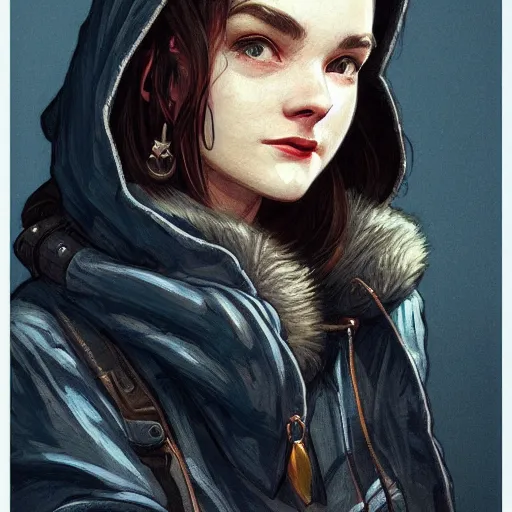 Image similar to character portrait of a 1950s teenage girl in a hoodie, dystopian cyberpunk steampunk mood, intricate, wild, highly detailed, digital painting, artstation, upper body, concept art, smooth, sharp focus, illustration, art by artgerm and greg rutkowski and alphonse mucha