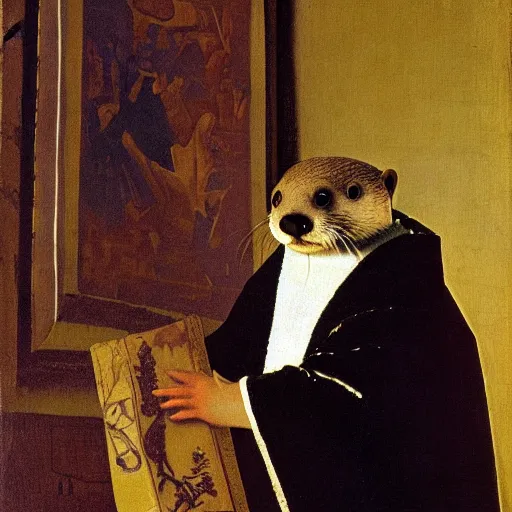 Prompt: Painting of an otter wearing nobleman's robes, holding a prayer book in a chapel, by Johannes Vermeer
