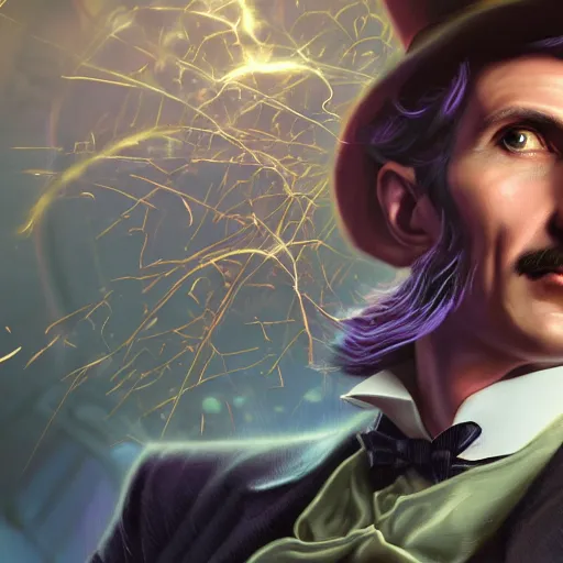 Image similar to portrait of nikola tesla as willy wonka, league of legends amazing splashscreen artwork, fantasy, splash art, natural light, elegant, photorealistic facial features, intricate, fantasy, detailed face, atmospheric lighting, anamorphic lens flare, cinematic lighting, league of legends splash art, hd wallpaper, ultra high details by greg rutkowski