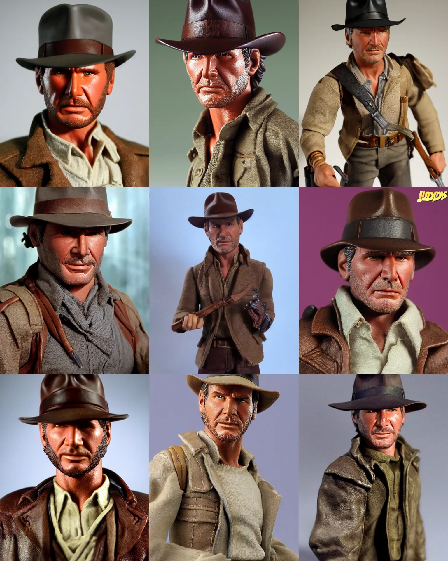 Prompt: harrison ford indiana jones!!! neca!!! f dull flat matte! plastic action figure by neca face close up headshot in the style of neca, character by neca, overcas weather!!!!