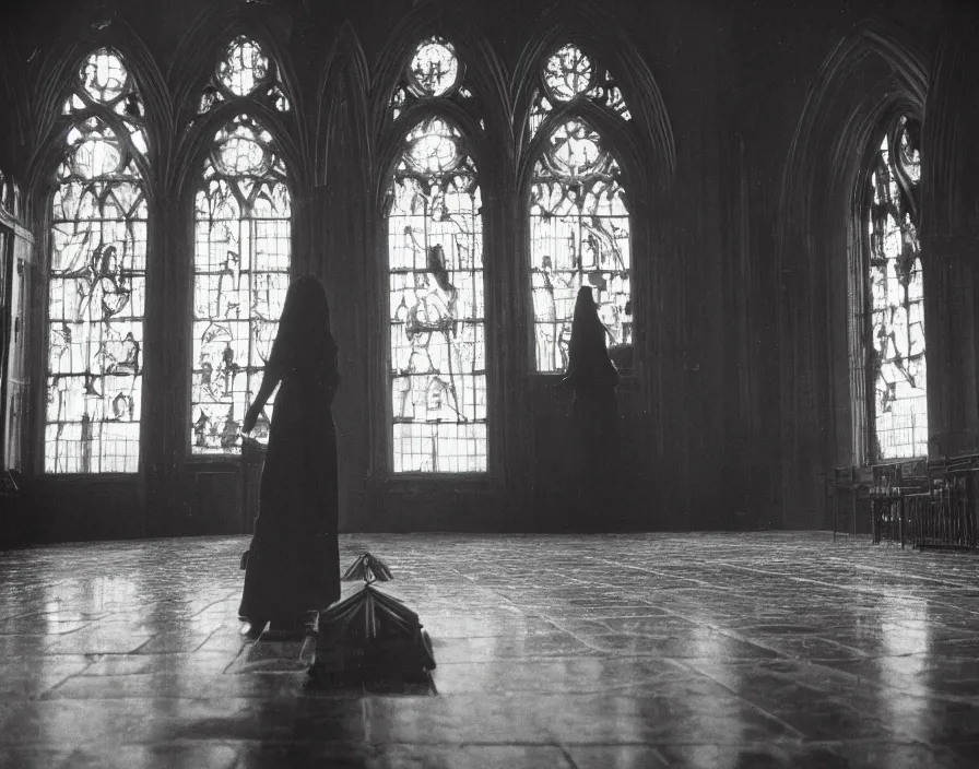 Image similar to a highly detailed unreal engine symmetric portrait of a gothic girl in a richly decorated church with a wet floor and light coming in through the stained windows, boke, tilted frame, henry cartier bresson