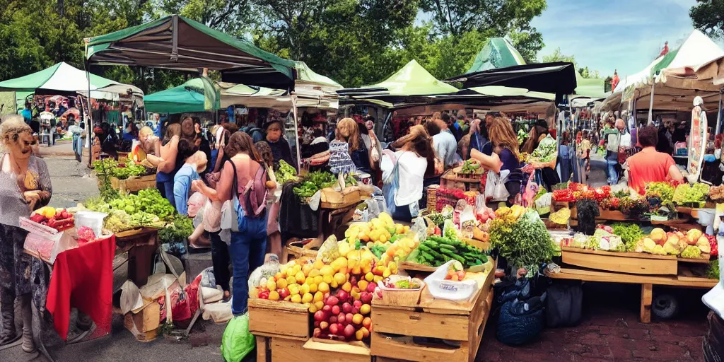 Image similar to a lovely photo, sunday morning at the local farmers market, vendors with fruit and breads, jars of jams and honey, crowds of people, flowers and activity all around, happy, fun