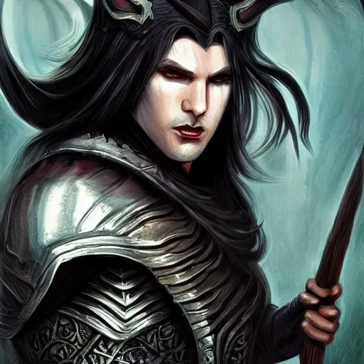 Image similar to male elfish tiefling with long dark hair wearing black armor, fantasy art, sharp image, highly detailed, fantasy, dnd, character art