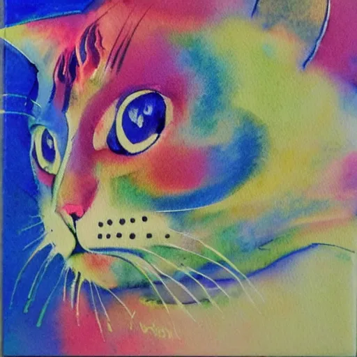 Prompt: Cat. Watercolor, sprayed through stencils and brushed, on paper mounted on board inscribed by the artist.