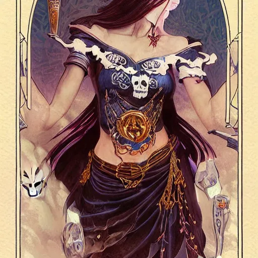 Prompt: Death tarot card design portraying Hello Grim Kitty, D&D, MtG art,fantasy, intricate, elegant, highly detailed, digital painting, artstation, concept art, smooth, sharp focus, hyperrealistic,illustration, art by artgerm and greg rutkowski and alphonse mucha