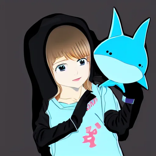 Prompt: a blonde girl in a black hoodie holding a blue-shark-stuffie, anime style digital art